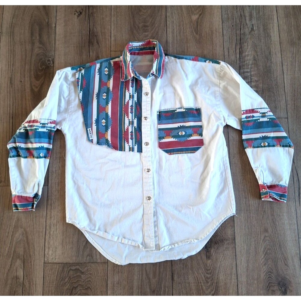 Vintage Banjo White Aztec Native Print Long Sleeve Button Up Men's Size M/L